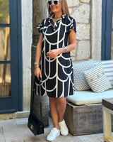 Virginia - Midi Dress with Print, Short Sleeves, and Lapel Collar