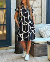 Virginia - Midi Dress with Print, Short Sleeves, and Lapel Collar