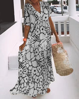 Printed Loose Dress with V-Neck