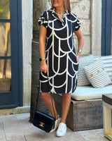 Virginia - Midi Dress with Print, Short Sleeves, and Lapel Collar