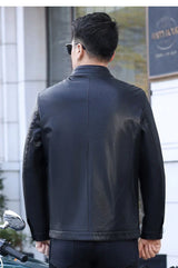 Loke™ Noir – Elegant Leather Coat with High Collar and Clean Lines