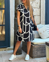 Virginia - Midi Dress with Print, Short Sleeves, and Lapel Collar