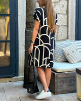 Virginia - Midi Dress with Print, Short Sleeves, and Lapel Collar