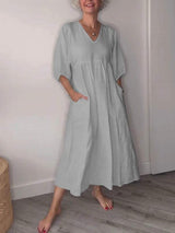 Eeva™ - Casual Midi Dress with V-Neck and Pockets