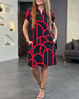 Virginia - Midi Dress with Print, Short Sleeves, and Lapel Collar