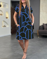 Virginia - Midi Dress with Print, Short Sleeves, and Lapel Collar