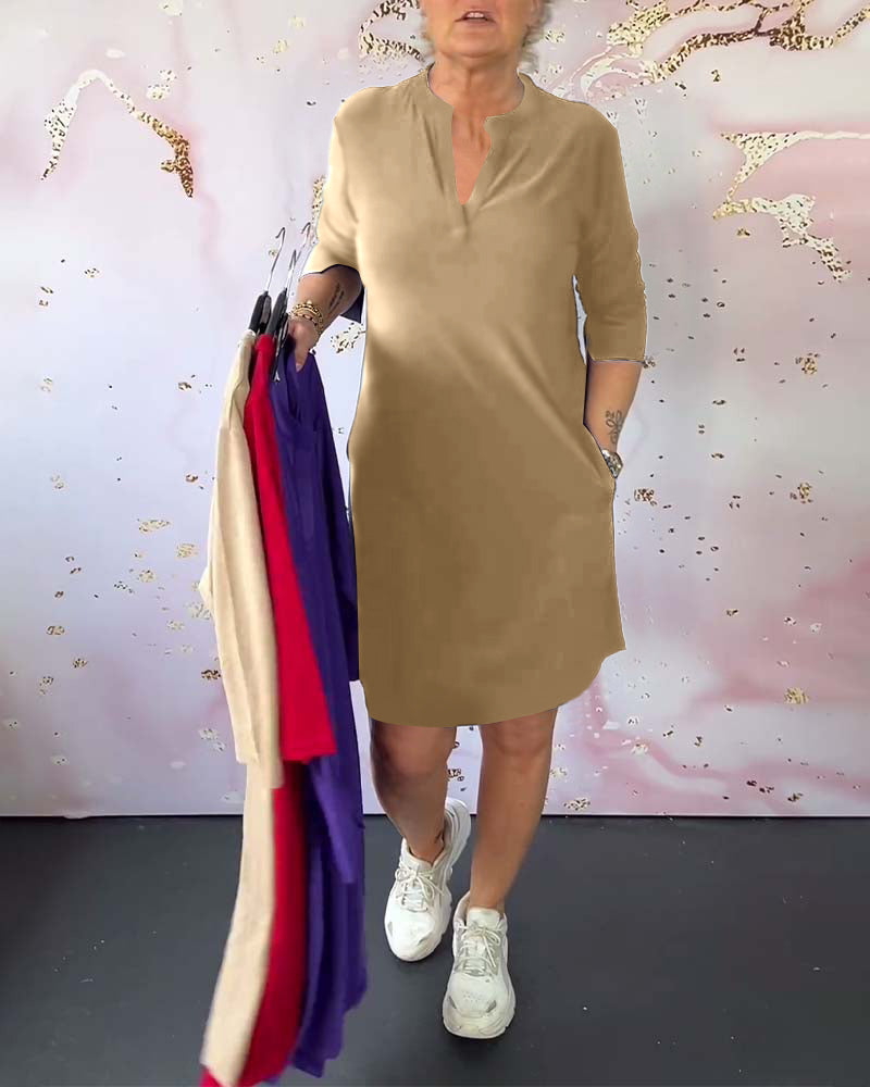 Dress with Solid V-Neck