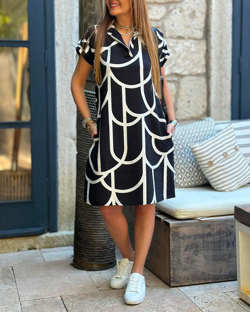 Virginia - Midi Dress with Print, Short Sleeves, and Lapel Collar