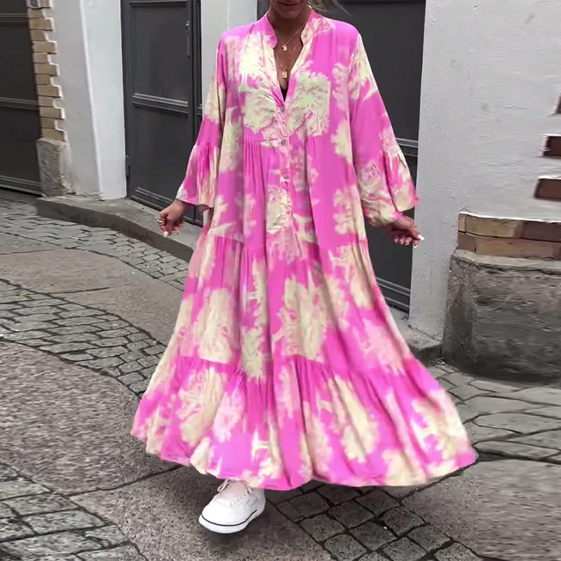 Heike - Loose-Fitting Patchwork Dress with V-Neck