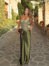 Leona | Corset Set with Satin Skirt in Moss Green