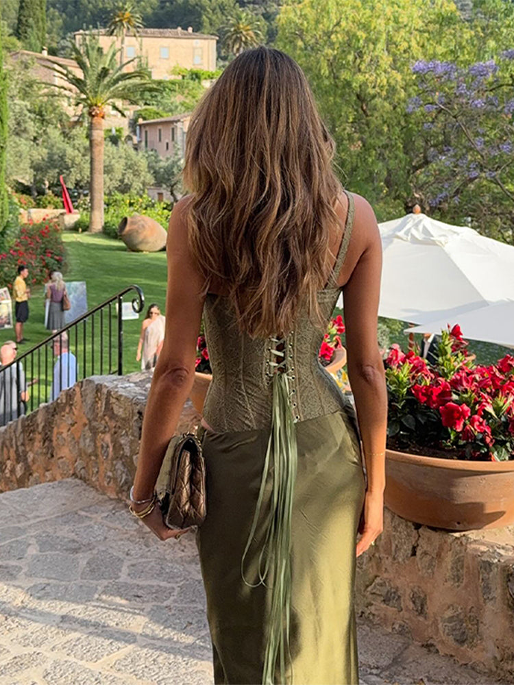 Leona | Corset Set with Satin Skirt in Moss Green