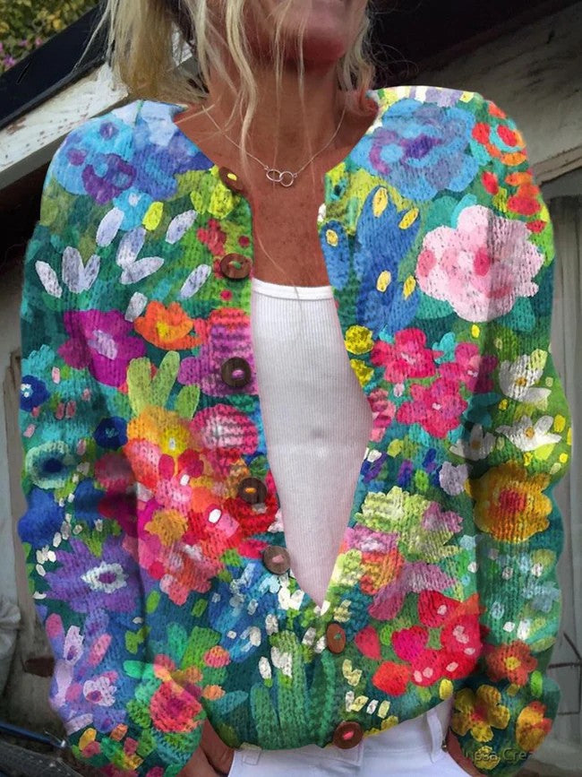 Charming Women's Cardigan - Floral Pattern, Cozy & Stylish