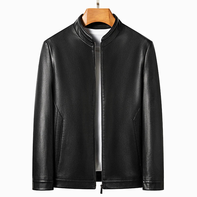 Loke™ Noir – Elegant Leather Coat with High Collar and Clean Lines