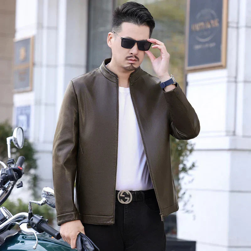 Loke™ Noir – Elegant Leather Coat with High Collar and Clean Lines