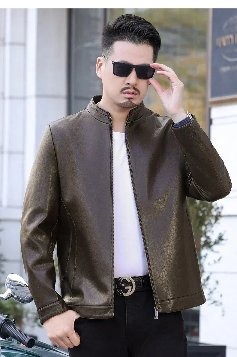 Loke™ Noir – Elegant Leather Coat with High Collar and Clean Lines