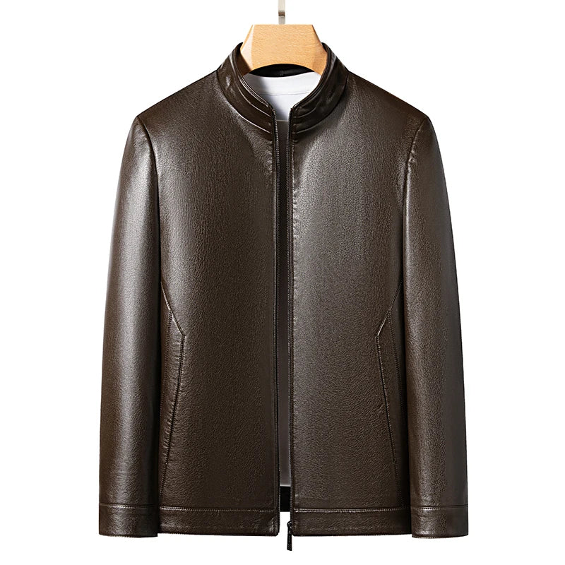 Loke™ Noir – Elegant Leather Coat with High Collar and Clean Lines