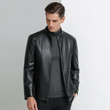 Loke™ Noir – Elegant Leather Coat with High Collar and Clean Lines