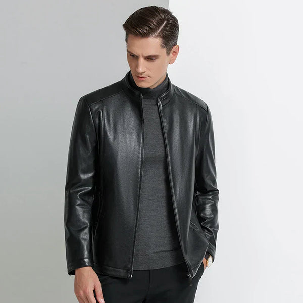 Loke™ Noir – Elegant Leather Coat with High Collar and Clean Lines