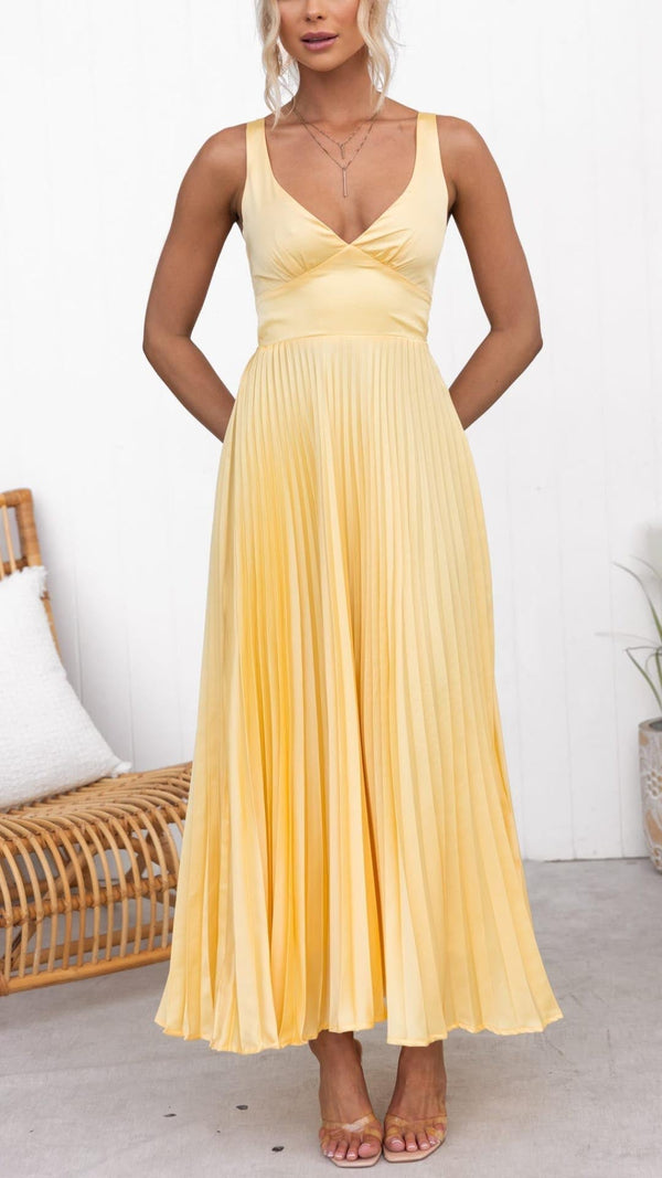 Anette - Yellow Pleated V-Neck Dress