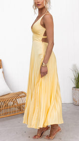 Anette - Yellow Pleated V-Neck Dress