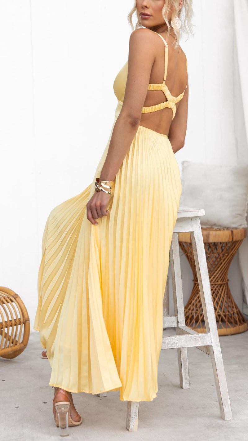 Anette - Yellow Pleated V-Neck Dress