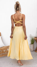 Anette - Yellow Pleated V-Neck Dress