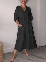 Eeva™ - Casual Midi Dress with V-Neck and Pockets