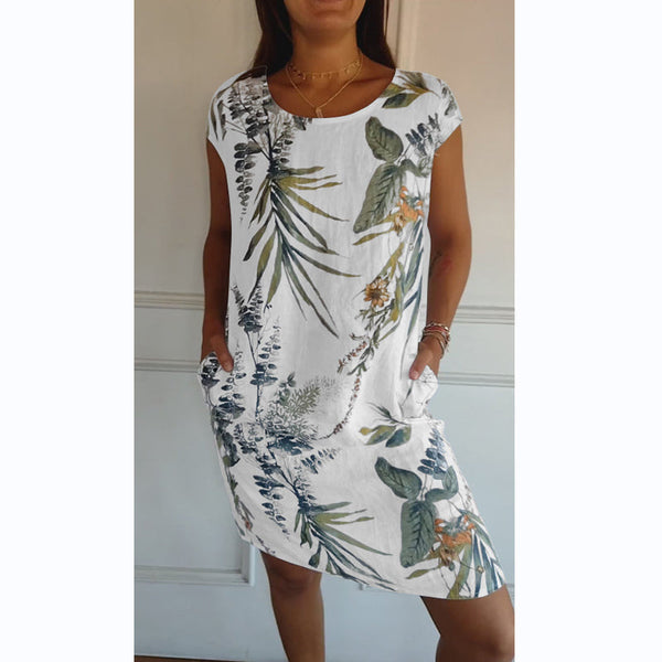 Alissa - Airy Round Neck Dress with Botanical Print